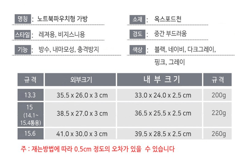 [구즈파크] 맥북 삼성 이온 엘지 그램 노트북 파우치 가방 13 15 15.6 스펙
